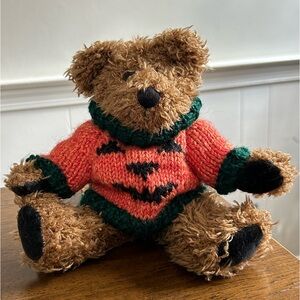 Boyds Bears Bradley Boo Bear Jointed Plush 9” Brown Pumpkin Halloween Sweater